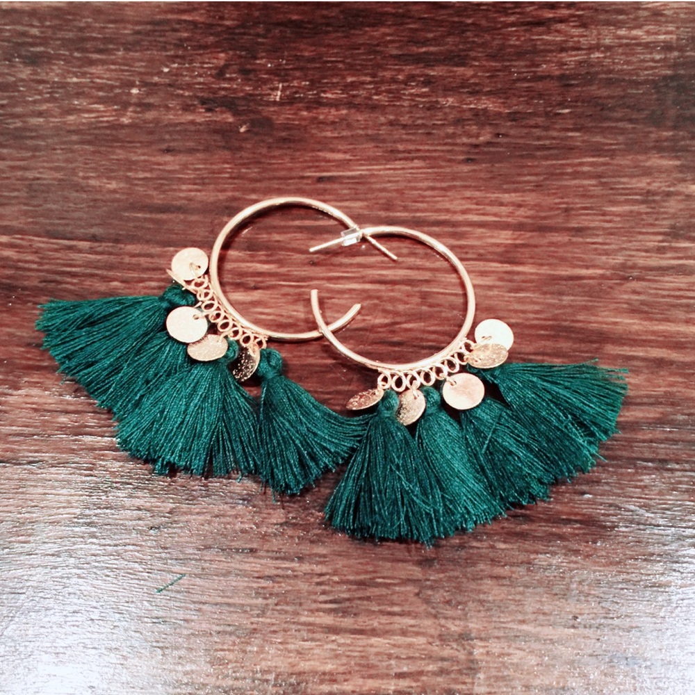 Green and Gold Tassel Earrings